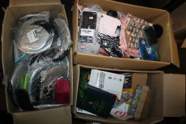 THREE BOXES OF NEW ITEMS TO INCLUDE CAR WINDOW SHADES, PHONE CASES, HEAD BANDS ETC.