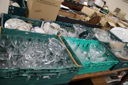 FIVE TRAYS OF GLASSWARE TOGETHER WITH A TRAY OF CERAMICS (TRAYS NOT INCLUDED)