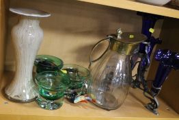 A COLLECTION OF ASSORTED GLASSWARE TOGETHER WITH EPERGNE WITH METAL STAND, MISSING ONE GLASS FLUTE