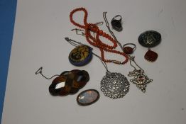 A QUANTITY OF ASSORTED BROOCHES AND NECKLACES ETC.