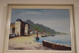 A FRAMED OIL ON BOARD DEPICTING A HARBOUR SCENE SIGNED TO THE LOWER RIGHT, SIGNATURE INDISTINCT