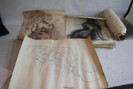 A QUANTITY OF ARTIST'S SKETCHES OF FEMALE NUDES, red chalk, charcoal etc.