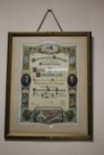 A FRAMED AND GLAZED MITCHELLS & BUTLERS LONG SERVICE CERTIFICATE