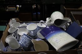 A TRAY OF CERAMICS TO INCLUDE VICTORIA & ALBERT MUSEUM MUGS ETC.