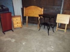 FOUR ITEMS, A SOLID BEDSIDE CUPBOARD, A SOILD PINE HEADBOARD, AN ANTIQUE HALL TABLE ETC.