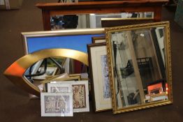A QUANTITY OF PICTURES, PRINTS AND A MIRROR TOGETHER WITH A PINE FRAMED MIRROR 95 X 73 CM