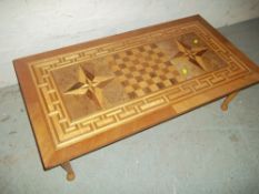 A RECTANGULAR INLAID CABRIOLE LEGGED COFFEE TABLE