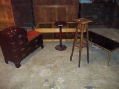 FIVE ITEMS TO INCLUDE TWO COFFEE TABLES, AN OAK ANTIQUE PLANT STAND, A LEATHER TELEPHONE MEDIA