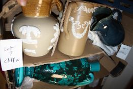 A VINTAGE BRETBY TWIN HANDLED VASE TOGETHER WITH THREE JUGS