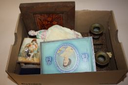 A BOX OF COLLECTABLES TO INCLUDE SILVER TOPPED SALT AND PEPPER SHAKERS, CERAMIC PIN CUSHION DOLL,