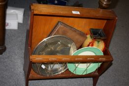 A MAGAZINE RACK CONTAINING COLLECTABLES TO INCLUDE A HEAVILY CARVED EASTERN BOX, ETC.