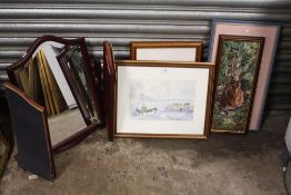 A MODERN DRESSING TABLE MIRROR TOGETHER WITH A COLLECTION OF PICTURES TO INCLUDE A WATERCOLOUR
