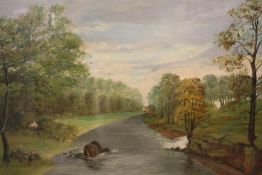 A GILT FRAMED AND GLAZED OIL ON BOARD DEPICTING A RURAL RIVER SCENE SIGNED PINFOLD 1896 LOWER