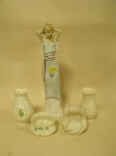 A ROYAL DOULTON REFLECTIONS FIGURE, SWEET PERFUME HN3094 TOGETHER WITH FOUR SMALL BELLEEK VASES