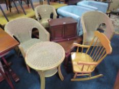 A PAIR OF WICKER CHAIRS, TABLE, CHILDS CHAIR, COFFEE TABLE , SMALL CABINET AND ROCKING CHAIR.(8)
