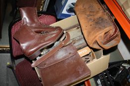 A BOX OF VINTAGE LEATHER BAGS, ICE SKATES ETC.
