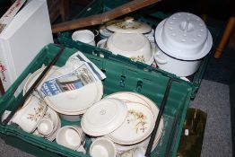 TWO BOXES OF HARVEST PATTERN DINNERWARE, ENAMEL COOKING POT ETC,