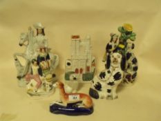 A COLLECTION OF STAFFORDSHIRE STYLE FLATBACK FIGURES AND DOG FIGURES (7) A/F