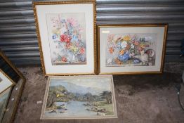 TWO FRAMED AND GLAZED STILL LIFE WATERCOLOURS OF FLOWERS IN VASES, TOGETHER WITH A WATERCOLOUR OF
