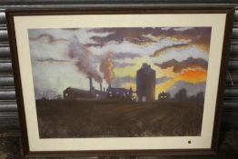 (XX). Northern industrial factory scene at dawn, unsinged, pastels on paper, framed and glazed, 46 x