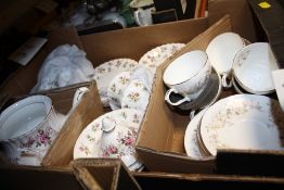 A TRAY OF CHINA TO INCLUDE ROYAL ALBERT WINSOME, ROYAL ALBERT LAVENDER ROSE AND DUCHESS CHINA