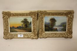 A PAIR OF GILT FRAMED OIL ON BOARD PAINTINGS DEPICTING A RIVER SCENE AND A COUNTRY LANE - 18 X 13