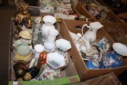 TWO BOXES OF CERAMICS TO INCLUDE AYNSLEY, FAIRY FIGURES ETC.