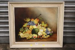 A FRAMED OIL ON BOARD STILL LIFE STUDY OF FRUIT, SIGNED RAYWORTH, 61 X 52 CM