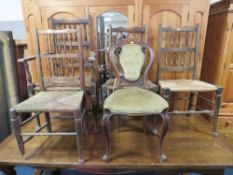 FOUR ANTIQUE OAK WICKERSEAT CHAIRS AND A VICTORIAN CHAIR (5) A/F