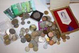 A COLLECTION OF WORLD COINAGE TOGETHER WITH COMMEMORATIVE SILK, 'GALLERY OF FOOTBALL' ACTION CARDS