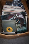 A BOX OF LP RECORDS AND SINGLES TO INCLUDE MEAT LOAF, ELVIS, JOHNNY CASH ETC.