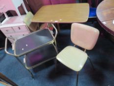 A RETRO FORMICA TOPPED SMALL KITCHEN TABLE AND 2 CHAIRS, H-73 CM W-88 CM WITH A TROLLEY (2)