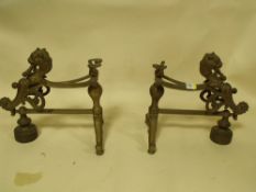 A PAIR OF ANTIQUE BRASS FIRE DOGS, W 27 CM