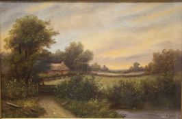 A GILT FRAMED AND GLAZED OIL ON CANVAS SIGNED R GILLS - SIZE 63 X 48 CM INCLUDING FRAME