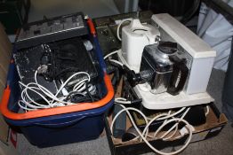 TWO BOXES OF ASSORTED ELECTRICALS TO INCLUDE MICROPHONE, WALKIE TALKIE, TEASMAID ETC.