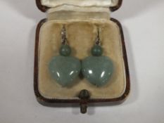 A PAIR OF VINTAGE JADE LOVE HEART SHAPED EARRINGS