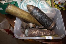 A BOX OF VINTAGE SHELL CASES, TRENCH ART VASE ETC.