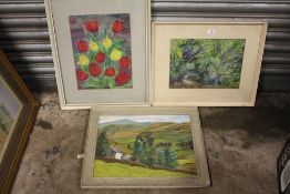 A FRAMED OIL ON CANVAS ENTITLED 'A CUMBERLAND FARM', TOGETHER WITH A STILL LIFE WATERCOLOUR OF