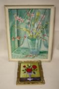 TWO FRAMED FLORAL STILL LIFE OIL ON BOARDS ONE SIGNED B LLOYD 1985 LARGEST - 56CM X 44CM