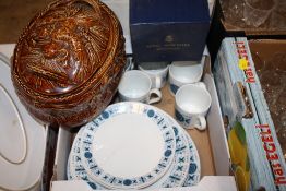 A SMALL TRAY OF JOHNSON BROS SNOW WHITE CHINA TOGETHER WITH A PORTMEIRION COOKING POT ETC.
