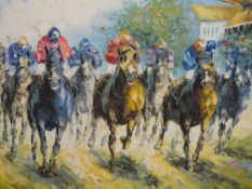 A FRAMED OIL ON CANVAS DEPICTING A HORSE RACING SCENE SIGNED J DANNY LOWER RIGHT SIZE - 60CM X 50CM