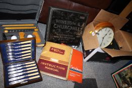 A BOX OF SUNDRIES TO INCLUDE GOLF PUTTER SETS, CUTLERY ETC.