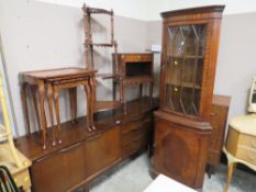A MAHOGANY 3 TIER WOT-NOT NEST OF TABLES, SIDE CABINET AND A CORNER CABINET (4)