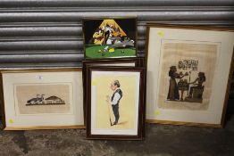 A COLLECTION OF PICTURES AND PRINTS TO INCLUDE FIVE FRAMED AND GLAZED SNOOKER CHARACTER PRINTS