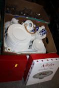 TWO BOXES OF CHURCHILL CHINA AND GLASSWARE TOGETHER WITH BOXED AYNSLEY CAKE STAND