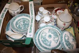 TWO TRAYS OF CHINA AND CERAMICS TO INCLUDE ROYAL WORCESTER CUPS AND SAUCERS, WILLOW PATTERN DINNER