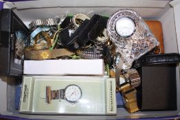 A BOX OF ASSORTED WRISTWATCHES TO INCLUDE A WATERFORD CRYSTAL DESK CLOCK
