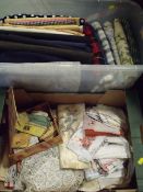 A QUANTITY OF VINTAGE TEXTILES TO INCLUDE ORIENTAL EXAMPLES, TOGETHER WITH A BOX OF UPHOLSTERY AND