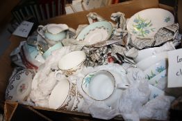 A TRAY OF ASSORTED CHINA TO INCLUDE TUSCAN, STANLEY AND DUCHESS EXAMPLES
