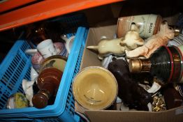 TWO BOXES OF CERAMICS TO INCLUDE WADE WHISKY DECANTERS, HORSE AND DOG FIGURES ETC.